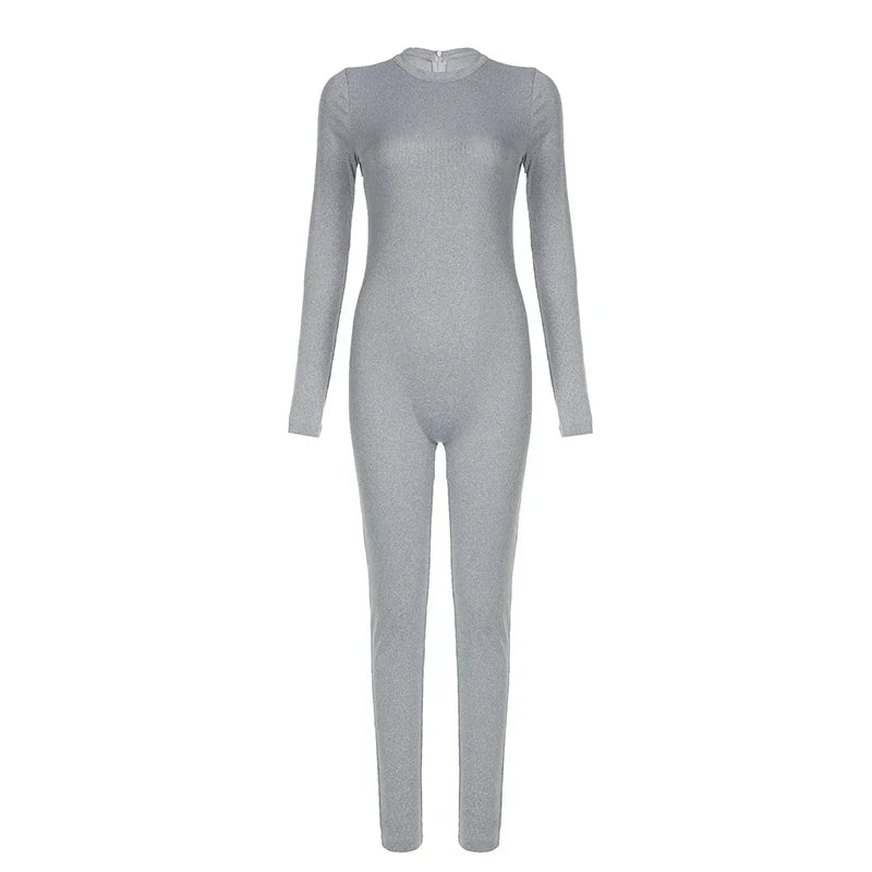 Basic Grey Skinny Long Sleeve Jumpsuit