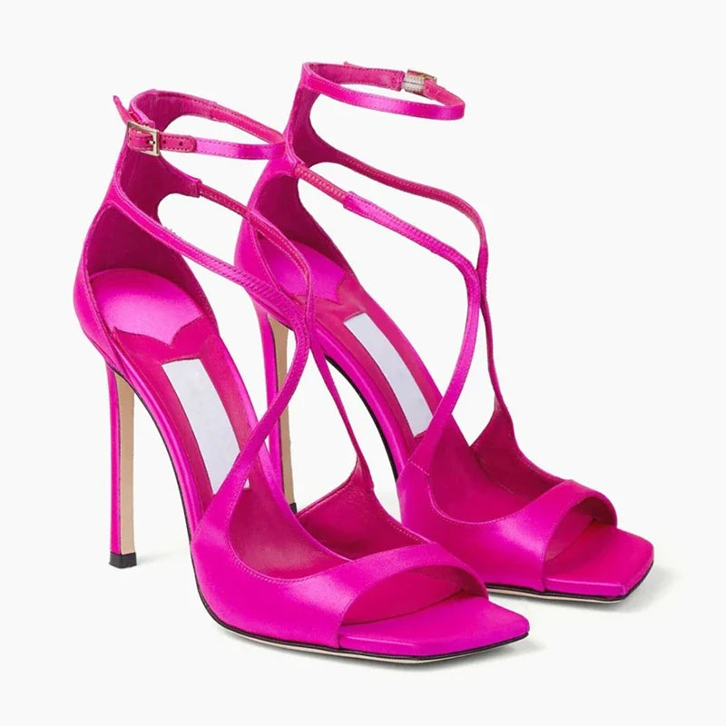Open Toe Cross Button Elastic Belt Thin High Heel Fish Mouth Sandals