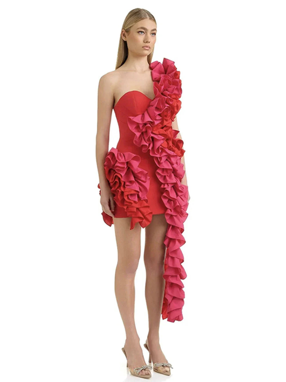 Solid Ruffles One Shoulder Strips Prom Mini Dress