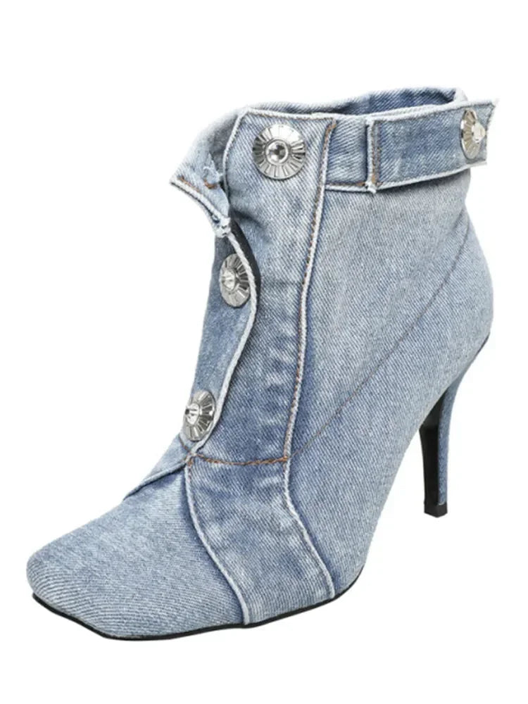 Denim Slim High Heel Button Sandals