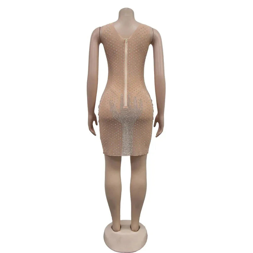 Mesh Rhinestone Round Neck Sleeveless Mini Dress