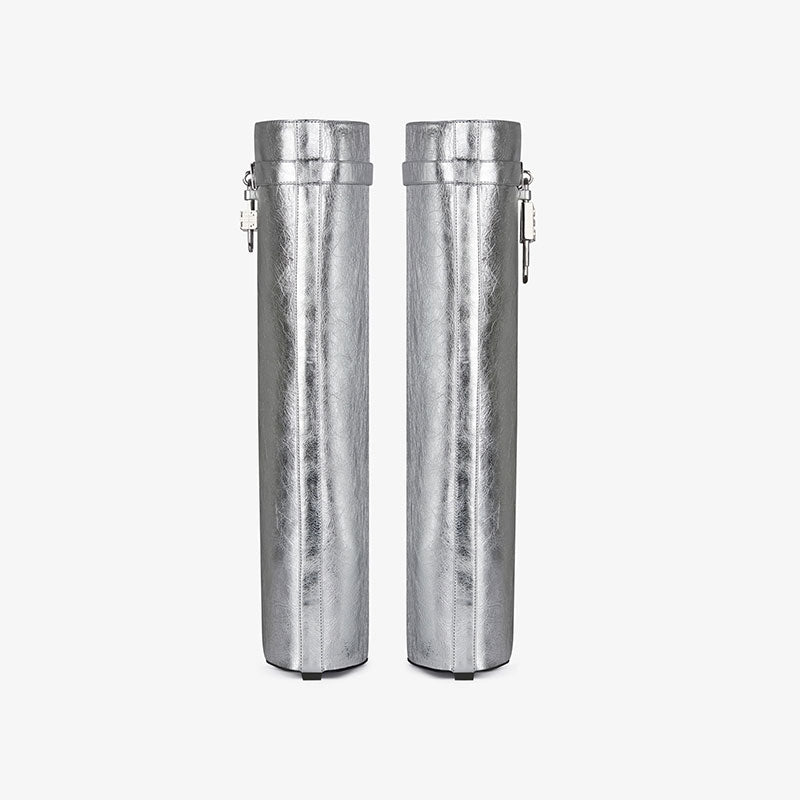 Silver High Heel Knee High Lock Pant Boots