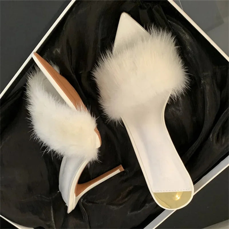 Faux Fur Open Toe Thin High Heels Sandals