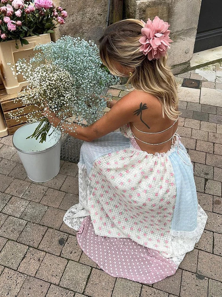 Lace Patchwork Halter Maxi Dress