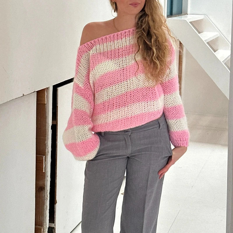 Striped Loose Fit Knitted Long Sleeve Sweater