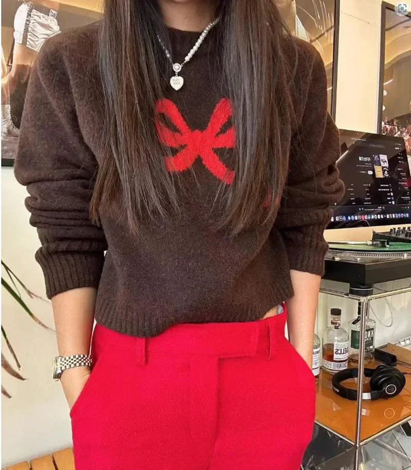 Cute Bow Knitted O neck Long Sleeve Sweater
