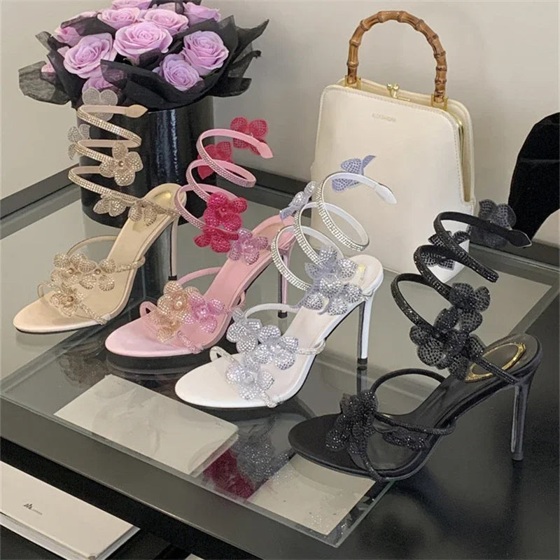 Crystal Narrow Band Thin High Heels Sandals