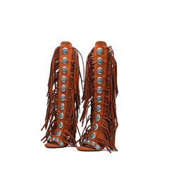 Tassels Lace up Cover Heel Knee high shoes