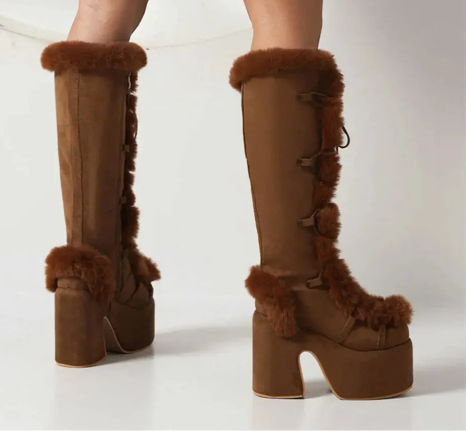 Zip Faux Fur Chunky High Heeled Boots