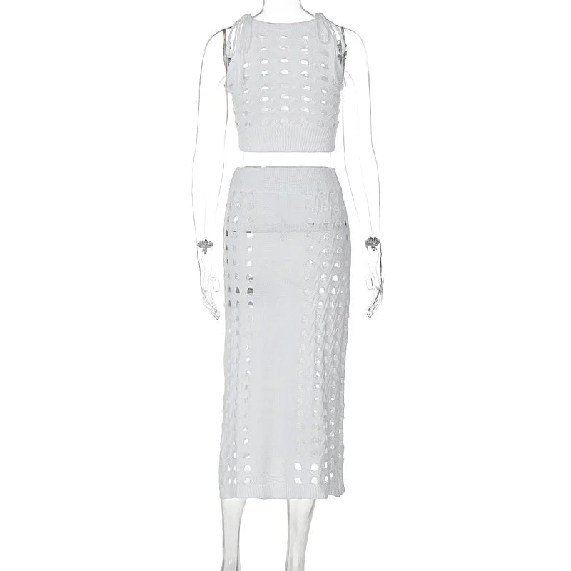 Hollow Out Knitted Top Lace Up Split Long Skirt Suit