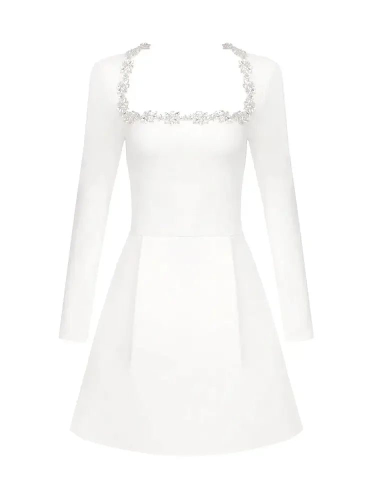 White Square Neck Diamond Mini Dress