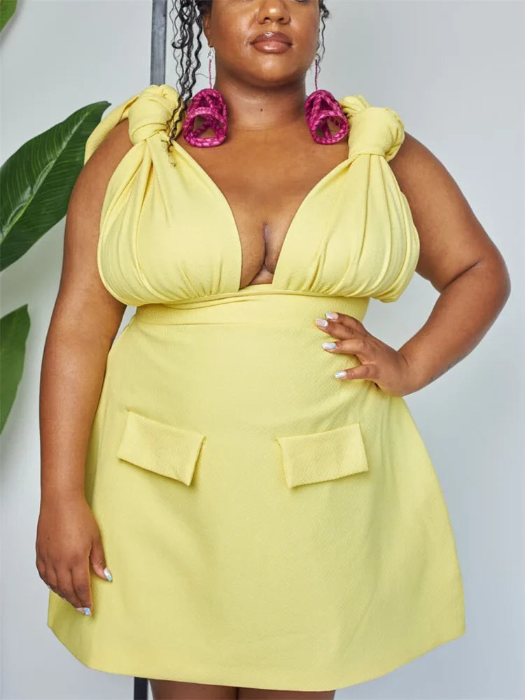Women V Neck Solid Sleeveless Knot Mini Dress