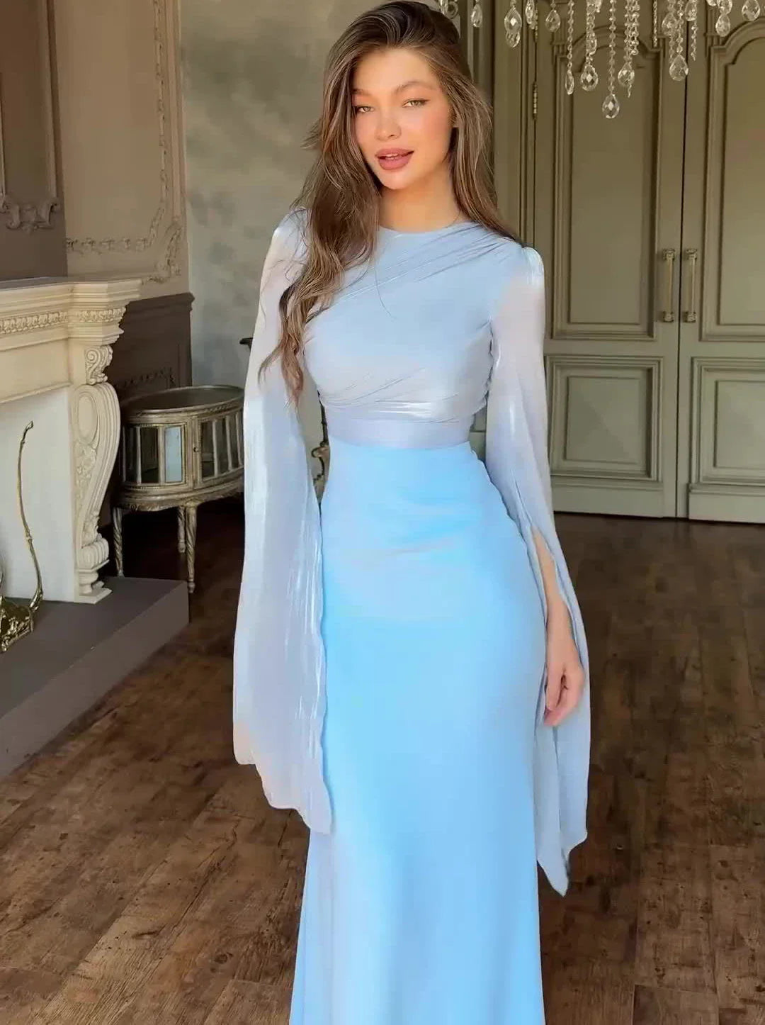 Patchwork Draped Long Sleeve Maxi Dress