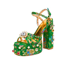 Waterproof Platform Heeled Pearl Rivet Flower Sandals