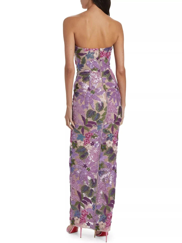 Floral-Embellished Sequin Lavender Ankle Length Dress