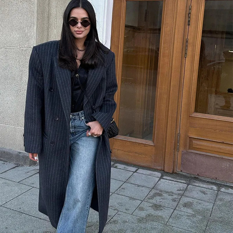 Lapel Striped Oversize Full Sleeve Long Coat