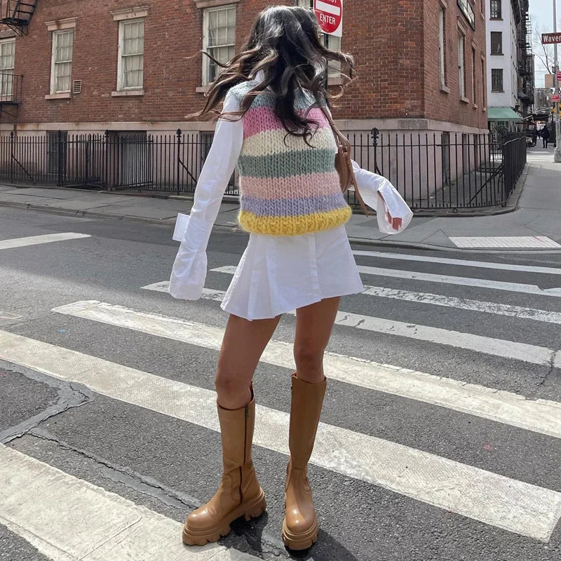 Rainbow Striped Knitted Sleeveless Sweater