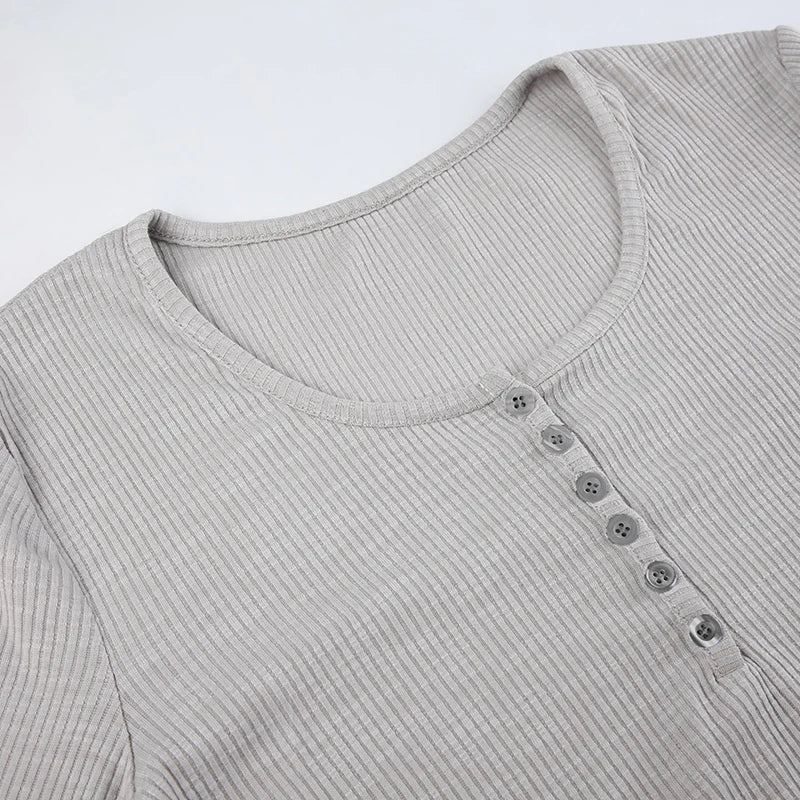 Basic Buttons Ribbed Long Sleeve Knit Top