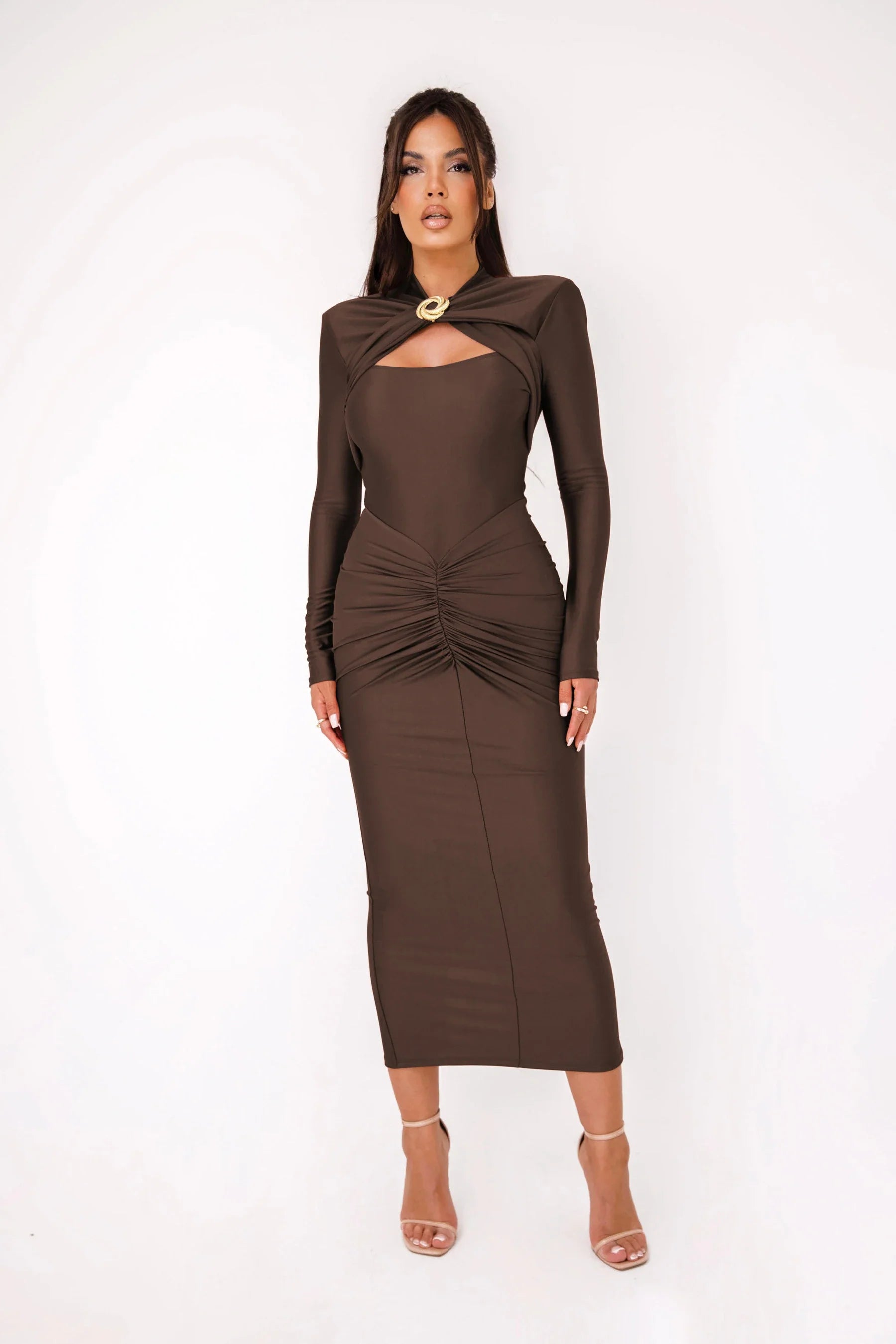 Long Sleeved Pleated Hollowed Out Maxi Dress