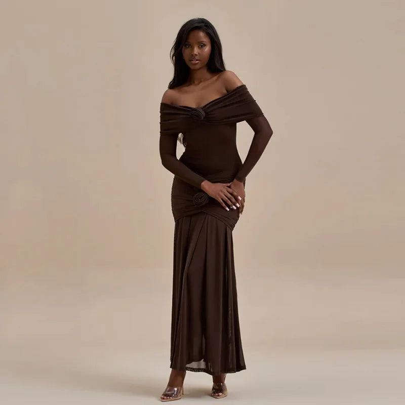 3D Flower-appliqué Mesh Long Sleeve Fishtail Maxi Dress