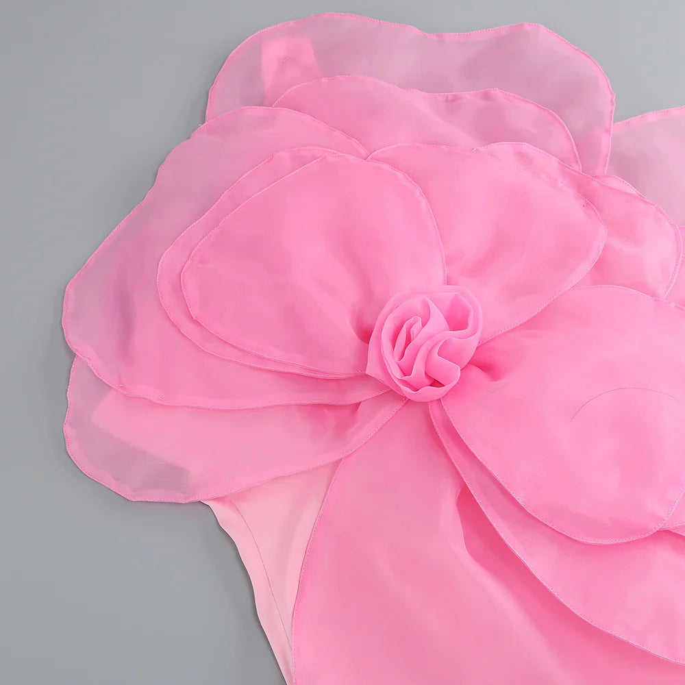 Oblique Shoulder Decorative Flower Solid Mini Dress
