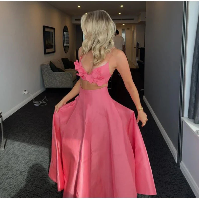 3D Flower Sling Crop Top and A-line Skirt Suit