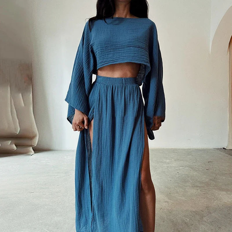 Linen Flare Sleeve Top & Slit Skirt Set