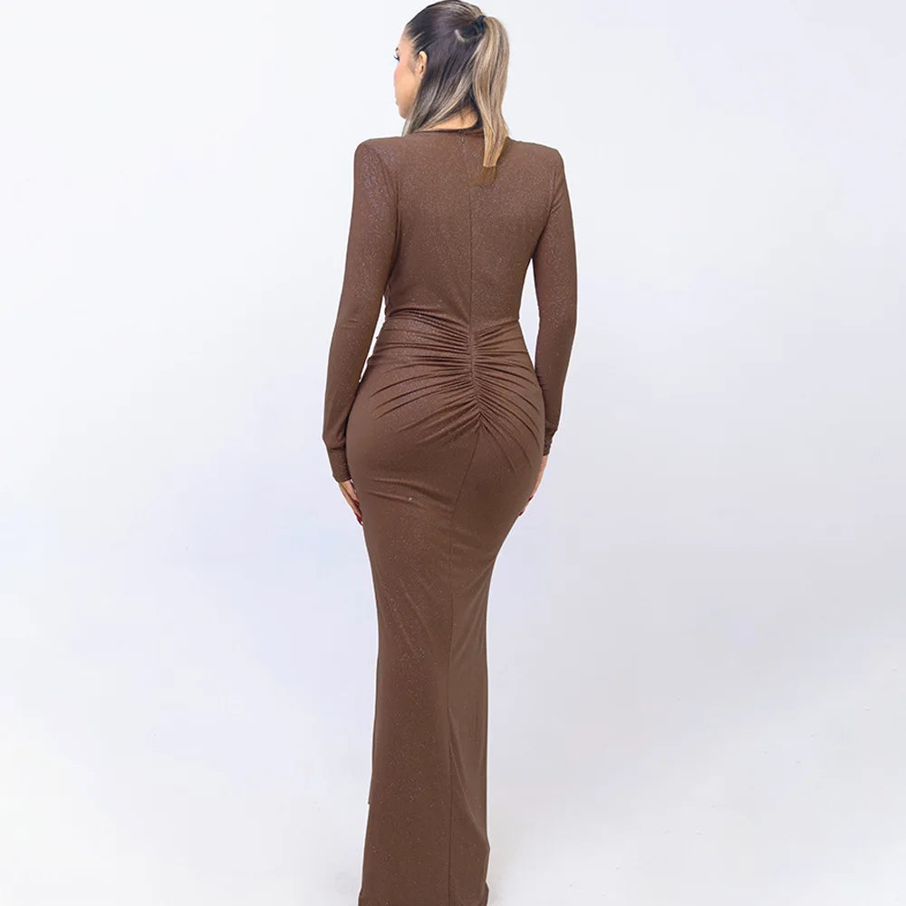 Elastic Deep V-Fold Lace Maxi Dress