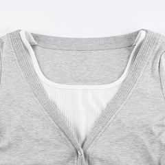 Basic Grey Patched Slim Buttons Knit Top