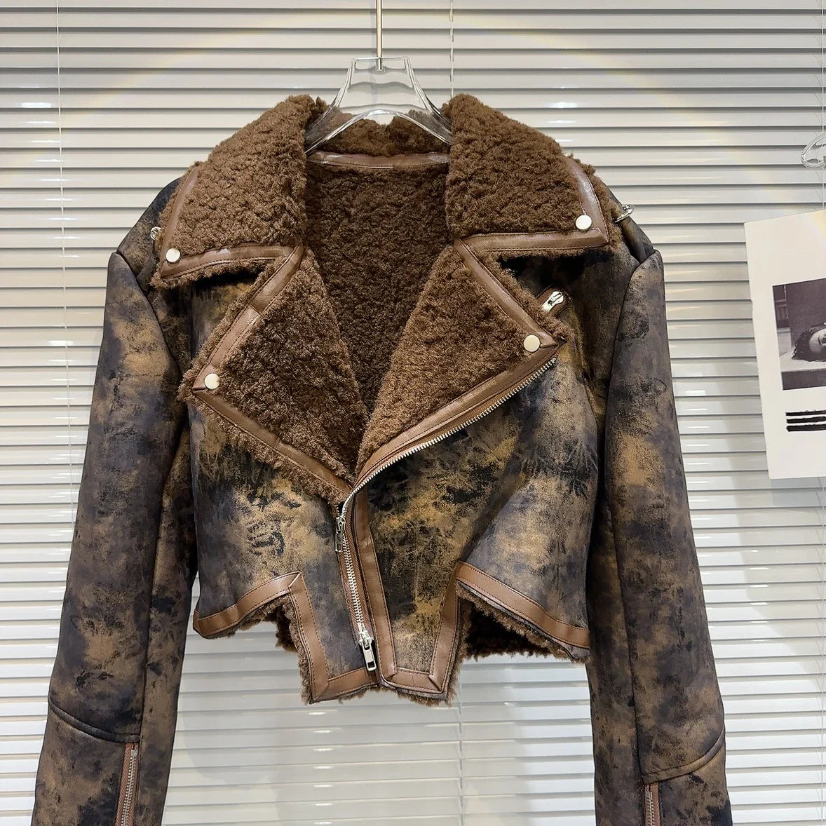 Tie Dye Fur Turn down Collar PU Leather Coat