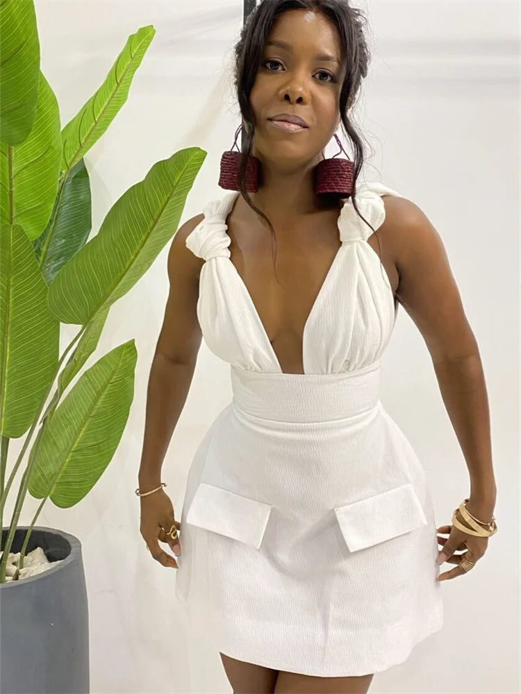 Women V Neck Solid Sleeveless Knot Mini Dress