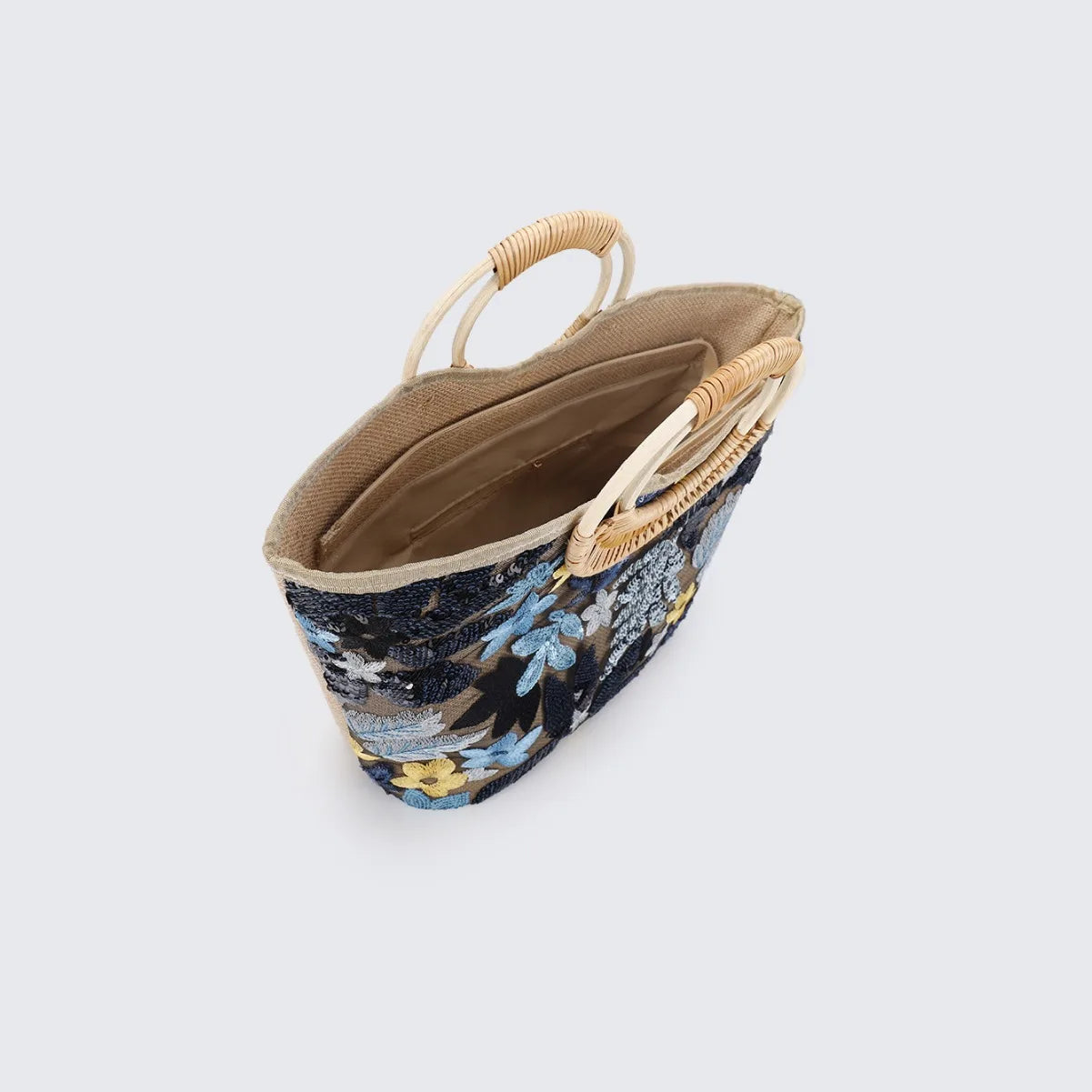 Embroidered Sequin Straw Tote Bag
