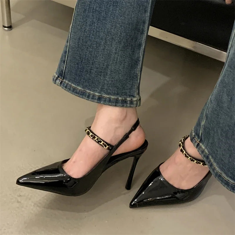 Rivet Pointed Toe Pumps Buckle Strap Thin Heels Shoes
