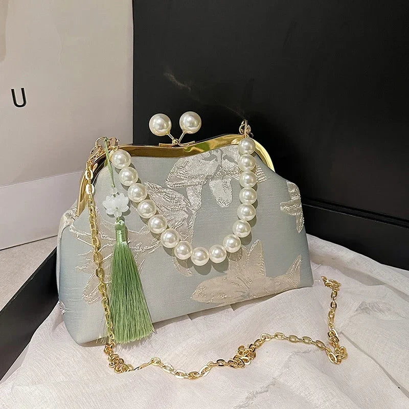Embroidery Beaded Chain Crossbody Bag