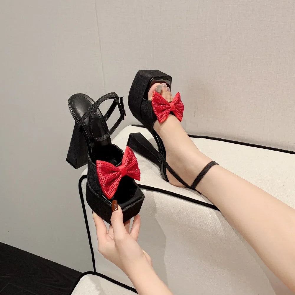 Denim Square Toe Butterfly-Knot Platform Chain Buckle Strap Shoes
