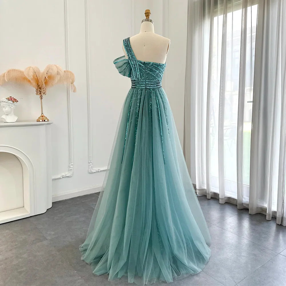 Sage Green One-Shoulder Evening Gown with Overskirt