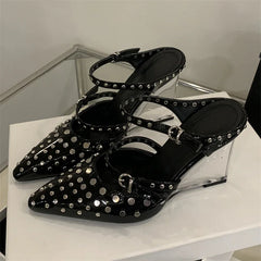 Rivet Crystal Wedges Buckle Strap Pumps Shoes