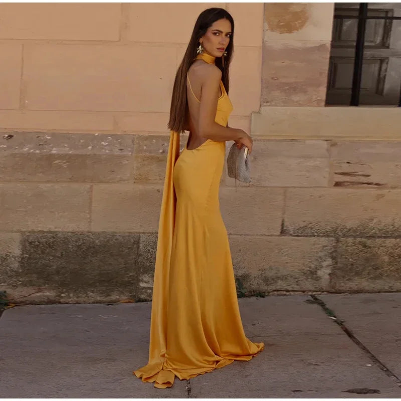 Yellow Satin Backless Lace-Up Off-Shoulder Maxi Dress
