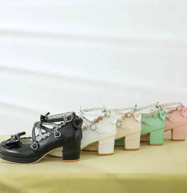 Bows Cross Strap Block Heel Mary Jane Pumps