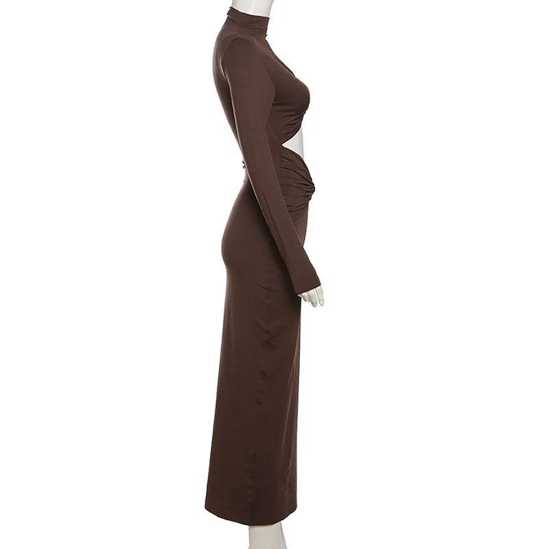 Hollow Out Pleated Long Sleeves Maxi Dress