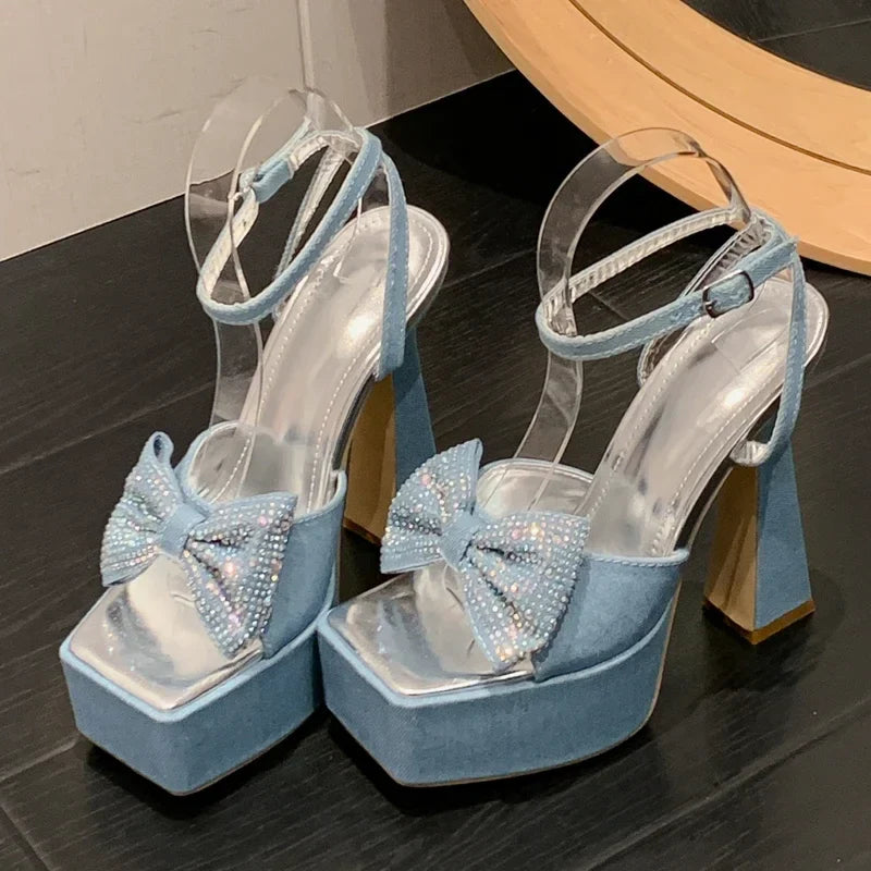 Denim Square Toe Butterfly-Knot Platform Chain Buckle Strap Shoes