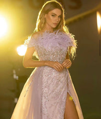 Feathers Off-shoulder Side Slit Overskirt Party Dress