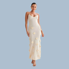 Halter Neck Flower Patchwork Lace-up Maxi Dress