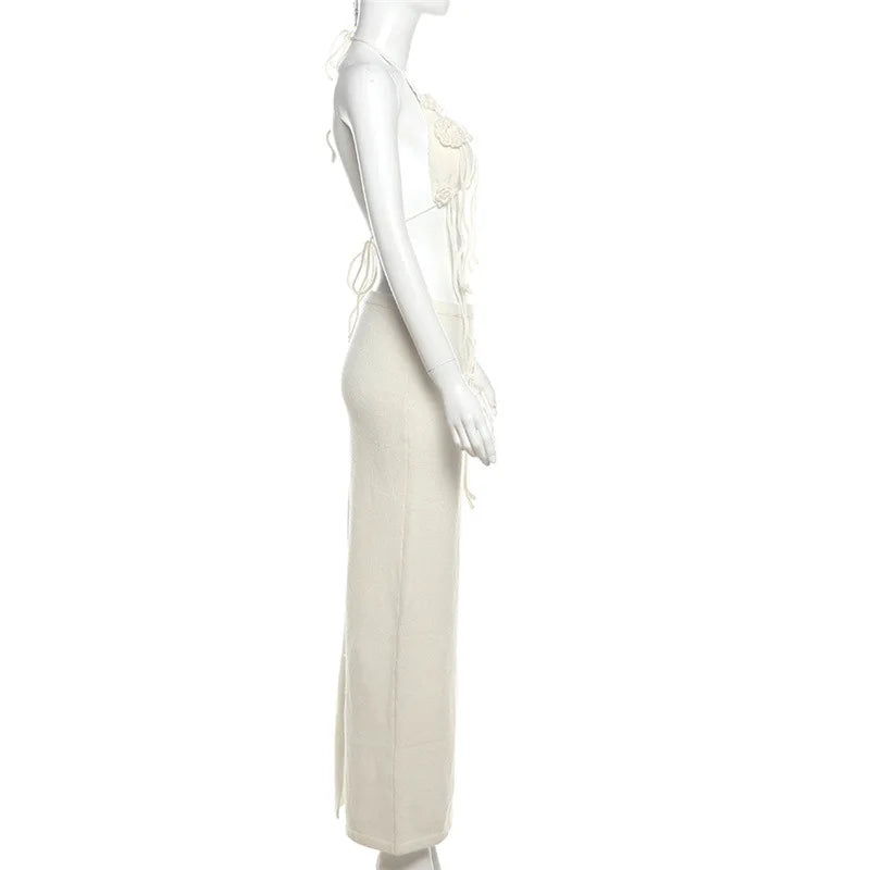 Floral Tassel Open Back Knitwear Long Skirt Sets