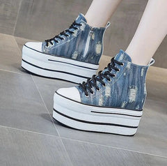 Denim and Leather Platform Wedge Heels Ankle Boots