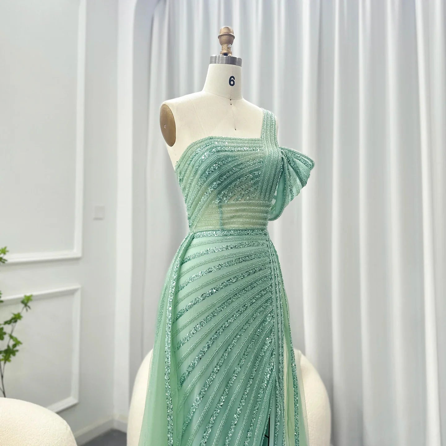 Sage Green One-Shoulder Evening Gown with Overskirt