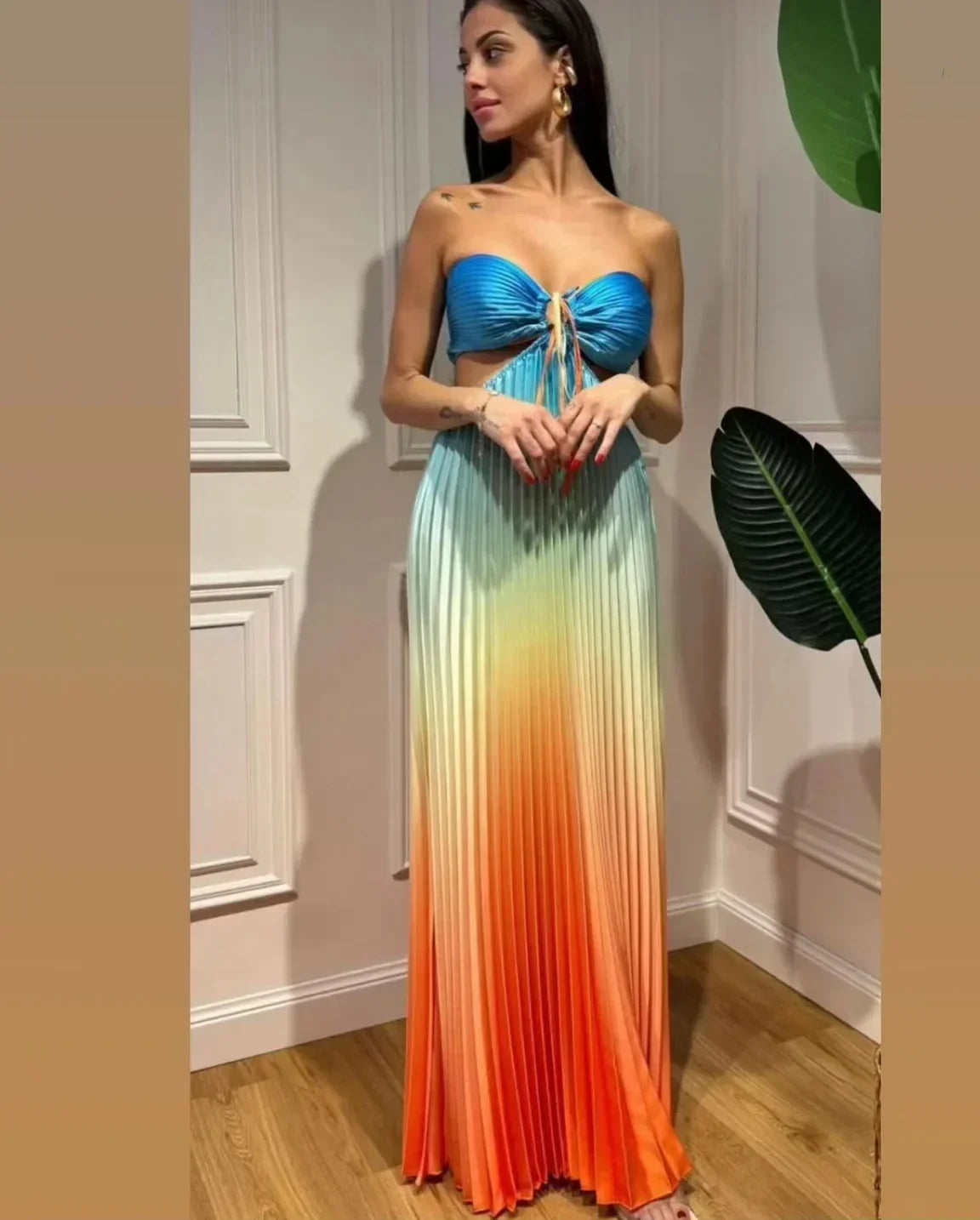 Satin Gradient Pleated Sleeveless Maxi Dress