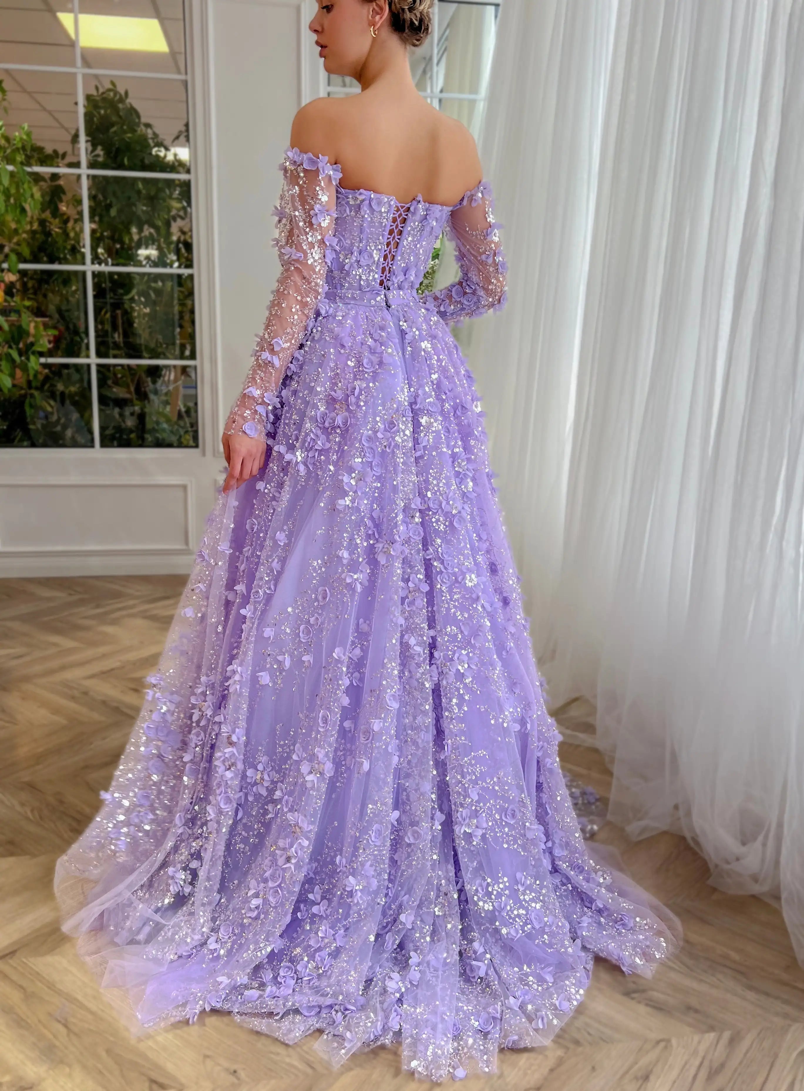 3D Flowers Evening Dress with Overskirt Long Sleeves