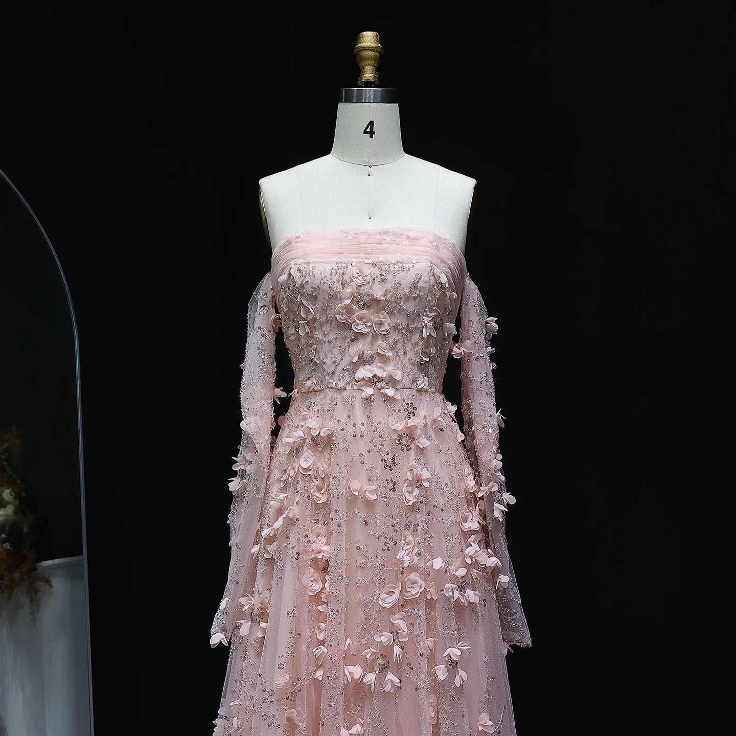 3D Flowers Strapless Evening Dress with Long Sleeves