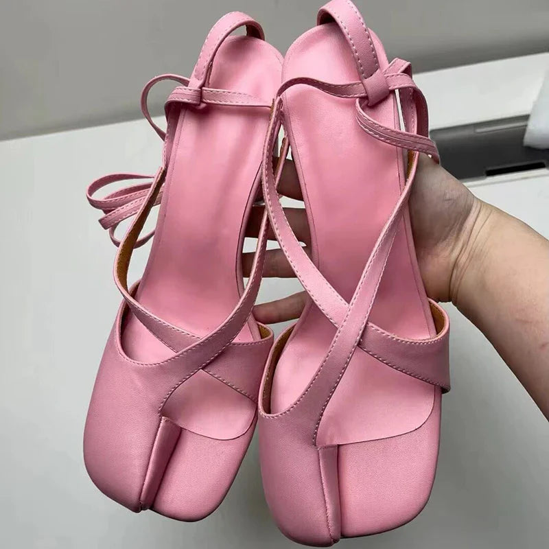 Split toe high heel lace up slides Sandals